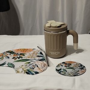 Tan Coffee Mug with Floral Coasters